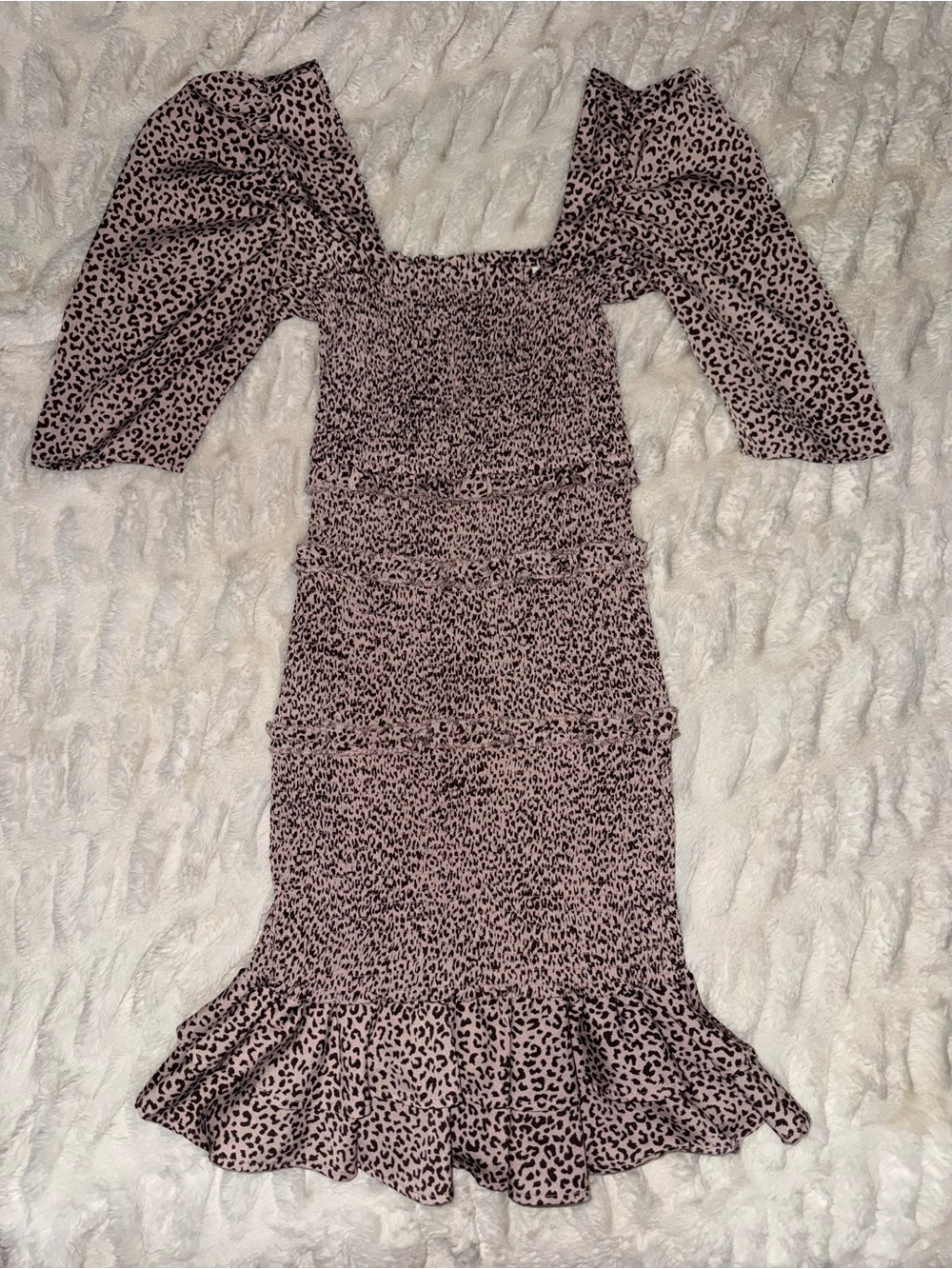 HYFVE Pink Leopard Print Smocked Ruffle Midi Dress
